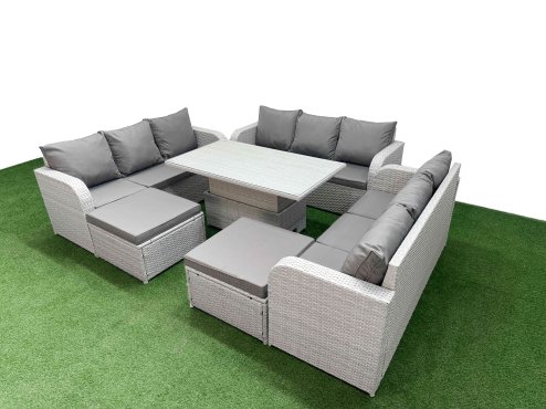 Fimous PE Rattan Lounge Sofa Set 11 Seater Outdoor Garden Furniture Set with Adjustable Lifting Dining or Coffee Table 3 Seater Sofa 2 Big Footstools Light Grey
