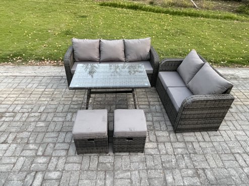 Fimous High Back PE Rattan Sofa Set Outdoor Garden Furniture Dining Table Set Love Sofa 3 Seater Sofa 2 Small Footstool