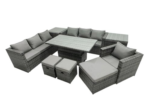 Fimous PE Rattan Garden Furniture Set Lounge Sofa Rising Dining Table Set with 2 Side Tables 3 Footstool Dark Grey Mixed
