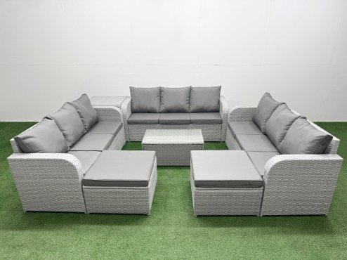 Fimous PE Rattan Lounge Sofa Set 11 Seater Outdoor Garden Furniture Set with Rectangular Coffee Table 3 Seater Sofa 2 Big Footstools Side Table Light Grey Image