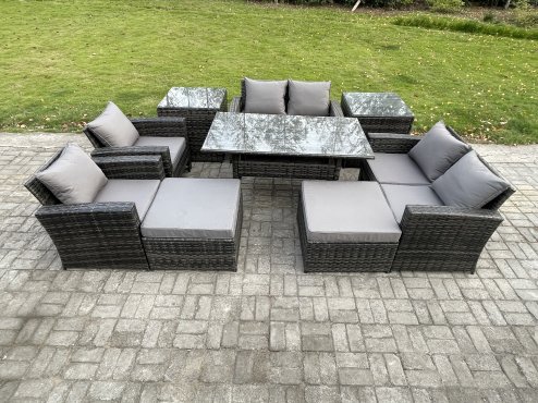 Fimous Garden Furniture Sets 9 Pieces Rattan Furniture Handmade Wicker Patio Sofa Set with 2 Big Footstool 2 Side Tables Dark Grey Mixed