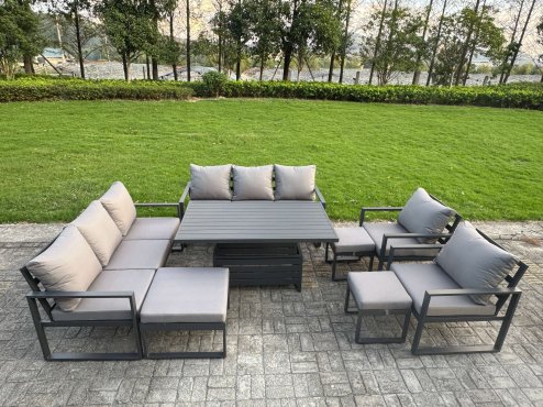 Fimous Garden Aluminium Furniture Set Dark Grey 10 Seater Outdoor Patio Adjustable Rising Lifting Dining Table with 2 Big Footstools 2 Side Tables Dark Grey