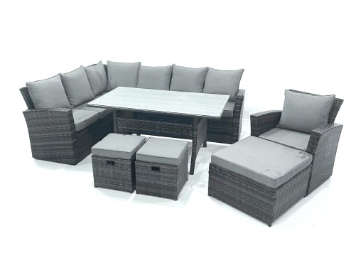 Fimous Outdoor Furniture Garden Dining Set Rattan Corner Sofa Set with 3 Footstools Armchair Dark Grey Mixed