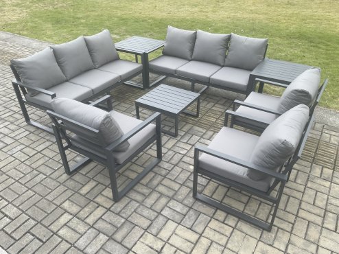 Fimous Aluminium Outdoor Garden Furniture Set Patio Lounge Sofa with Square Coffee Table 3 Armchairs 2 Side Tables Dark Grey