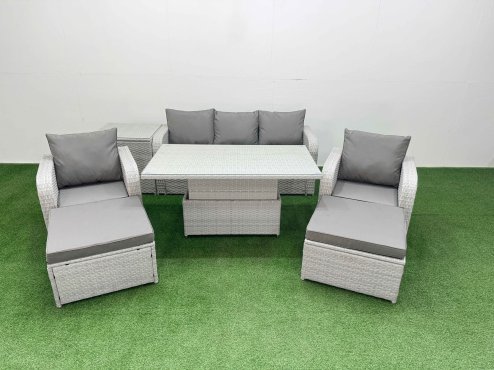 Fimous PE Rattan Garden Furniture Set Reclining Chair Sofa Lounge Sofa Set Adjustable Lifting Dining or Coffee Table Side Table 2 Big Footstool Light Grey