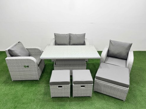 Fimous Light Grey PE Wicker Rattan Garden Furniture Set Sofa Set Reclining Chair Adjustable Lifting Dining or Coffee Table 7 Seater 3 Stools Image