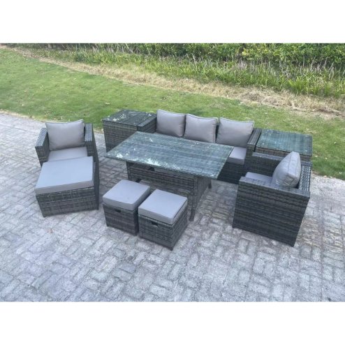 Fimous Outdoor Garden Furniture Set Patio Rattan Rectangular Dining Table Lounge Sofa Chair with 2 Side Table Big Footstool 2 Small Stools 8 Seater Dark Grey Mixed