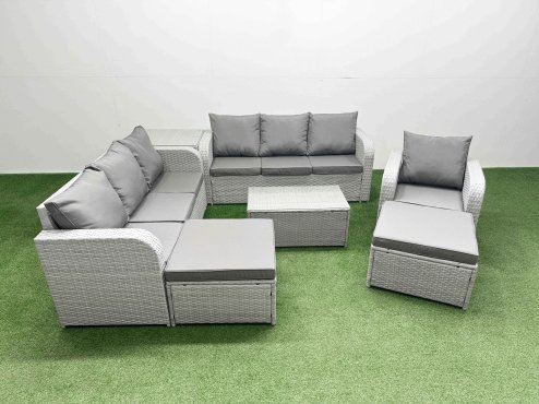 Fimous 9 Seater Poly Rattan Outdoor Garden Furniture Sofa Set Patio 3 Seater Sofa Reclining Chair 3 Seater Sofa 2 Big Footstools Side Table Light Grey Image