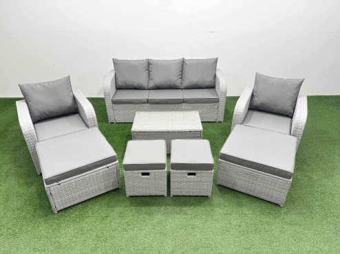 Fimous 8 PCs Rectangular Coffee Table Set Reclining Chair Inclining Sofa Seat 2 Big Footstool 2 Small Stool Light Grey