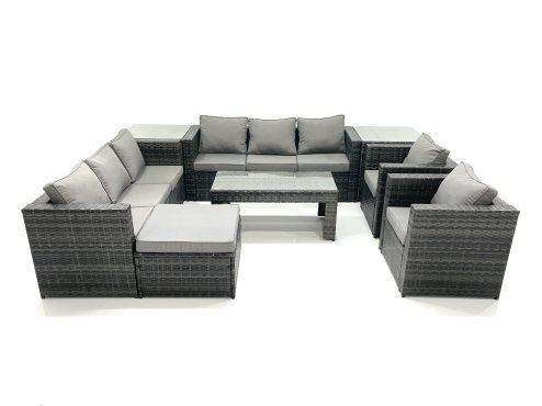 Fimous Rattan Garden Furniture Sofa Set with Coffee table Armchair 2 Side Tables Big Footstool Dark Grey Mixed