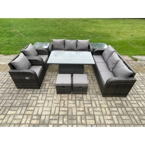 Fimous Rattan Outdoor Garden Furniture Sets Height Adjustable Rising lifting Dining Table Reclining Chair Sofa Set with 2 Side Tables 2 Small Footstools Dark Grey Mixed