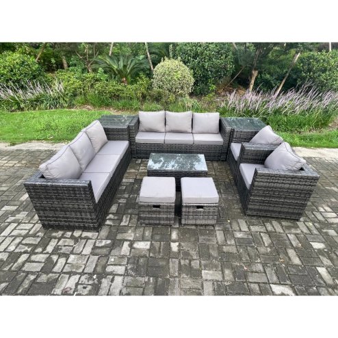 Fimous Outdoor Lounge Sofa Set Wicker PE Rattan Garden Furniture Set with 2 Armchairs Oblong Coffee Table 2 Side Tables 2 Small Footstools Dark Grey Mixed