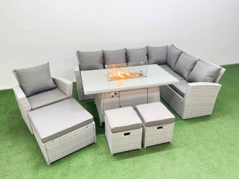 Fimous 10 Seat Rattan Garden Furniture Corner Sofa Set Outdoor Gas Fire Pit Table Set with 3 Footstools Light Grey