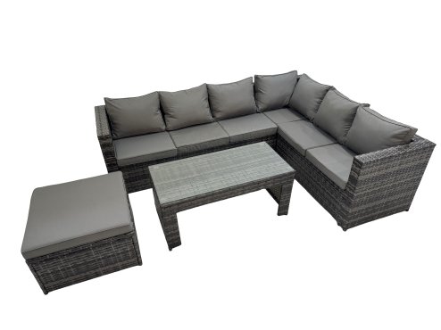 Fimous Outdoor Rattan Oblong Coffee Table Corner Sofa Sets Garden Furniture Set with Big Stool Dark Grey Mixed
