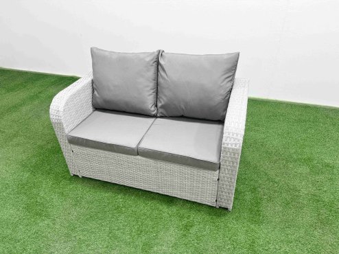 Fimous 6 Seater Outdoor Love Sofa Set Rattan Garden Furniture Set with Oblong Coffee Table 2 Small Stools Light Grey