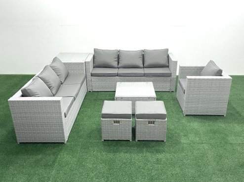 Fimous Wicker PE Rattan Sofa Garden Furniture Set with Armchair Square Coffee Table 2 Small Footstools Side Table Light Grey Mixed