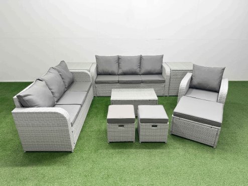 Fimous 10 Seater Poly Rattan Outdoor Garden Furniture Sofa Set Patio 3 Seater Sofa Reclining Chair 3 Seater Sofa 3 Stools 2 Side Table Light Grey Image