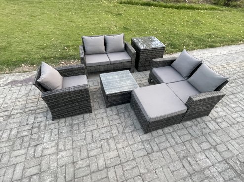 Fimous Outdoor Rattan Garden Furniture Set Conservatory Patio Sofa Coffee Table Set with Chair Big Footstool Side Table Dark Grey Mixed