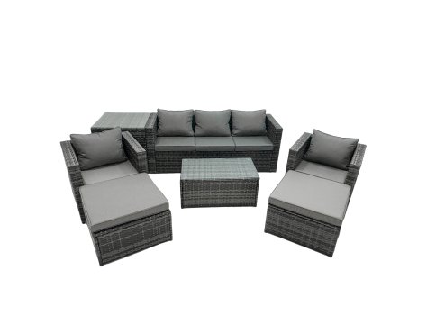 Fimous Rattan Garden Furniture Dining Set 7-seater Patio Coffee Table Sofa Set with Side Table 2 Armchair 2 Big Footstools Dark Grey Mixed