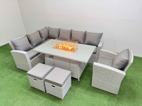 Fimous 9 Seat Rattan Garden Furniture Corner Sofa Set Outdoor Gas Fire Pit Table Sets with 2 Small Footstools Light Grey