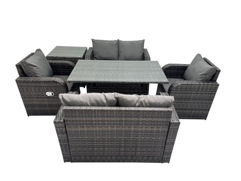 Fimous 6 Seat Outdoor Wicker PE Rattan Garden Furniture Set Dining Table Sofa Sets with Side Table Dark Grey Mixed