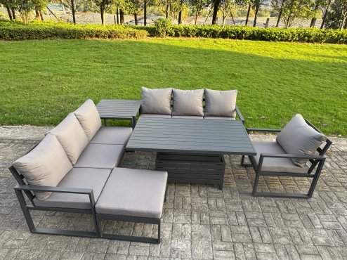 Fimous Aluminium Garden Furniture Sets,8 Seater Outdoor Sofa Dining Set with Adjustable Rising Lifting Dining Table Big Footstool for Yard,Poolside, Patio, Dark Grey