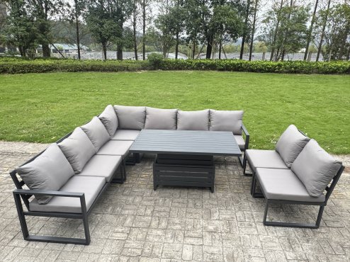 Fimous 10 Pieces Aluminium Garden Furniture Set with Cushions, Patio Furniture Set with Adjustable Rising Lifting Dining Table 3 Footstools Dark Grey