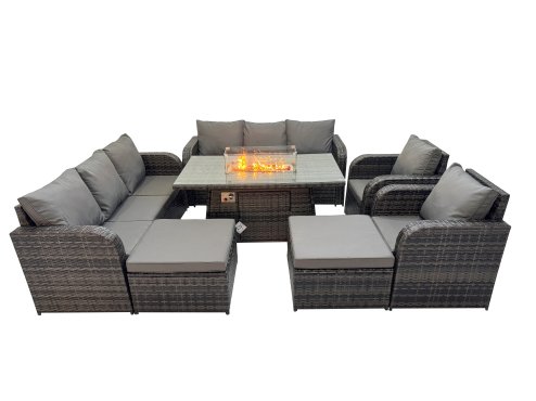 Fimous Garden Outdoor Rattan Furniture Set Rattan Reclining Chair 3 Seater Sofa with 2 Big Stools 2 Side Tables Dark Grey Mixed
