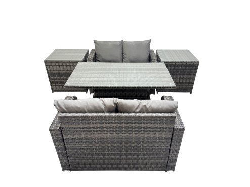 Fimous 4-seater Patio Height Adjustable Rising Lifting Table Sofa Sets Rattan Garden Furniture Dining Set with 2 Side Table Dark Grey Mixed