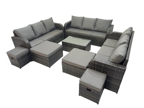 Fimous Outdoor 3 Seater Sofa Coffee Table Set Garden Rattan Furniture Set 13 Seater with 4 Stools Dark Grey
