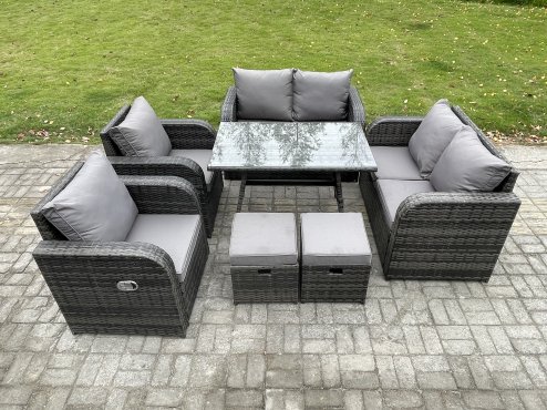 Fimous Wicker PE Rattan Garden Dining Set Outdoor Furniture Sofa with Rectangular Dining Table 2 Small Footstool Dark Grey Mixed