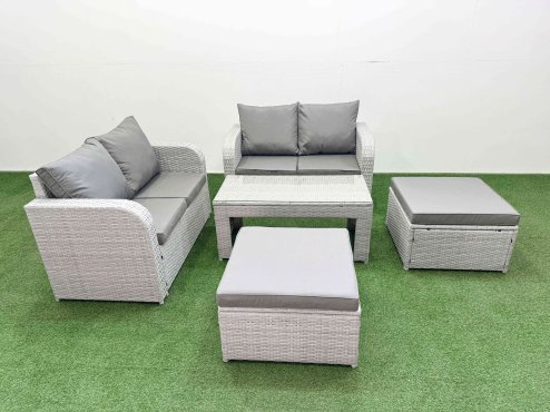 Fimous 6 Seater Outdoor Love Sofa Set Rattan Garden Furniture Set with Oblong Coffee Table 2 Footstool Light Grey