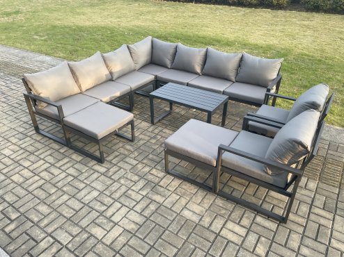 Fimous Aluminium Outdoor Garden Furniture Set Lounge Corner Sofa 2 Pcs Chair Oblong Coffee Table Sets with 2 Big Footstools Dark Grey