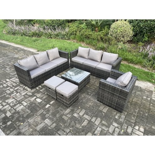 Fimous Rattan Garden Furniture Sofa Set with Armchair Square Coffee Table 2 Small Footstools Indoor Side Table Outdoor 9 Seater Rattan Set Dark Grey Mixed