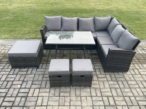 Fimous Outdoor Furniture Garden Dining Set Rattan Corner Sofa Set Rectangular Dining Table with Temper Glass 3 Footstools Dark Grey Mixed
