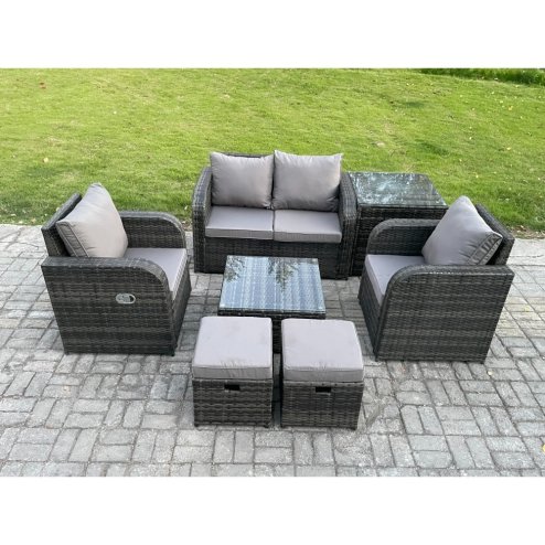 Fimous Wicker PE Rattan Garden Furniture Set Outdoor Lounge Sofa Set with Love Sofa Square Coffee Table Side Table 2 Small Footstool Dark Grey Mixed