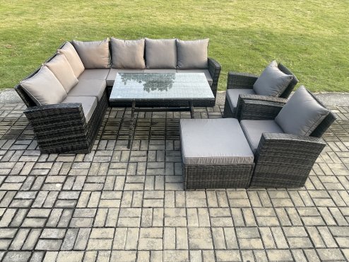 Fimous High Back Outdoor Garden Furniture Set Rattan Corner Sofa Dining Table Set With Big Footstool Armchair Dark Grey Mixed