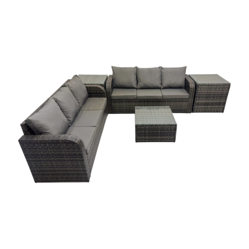 Fimous Rattan Garden Outdoor Furniture Set 3 Seater Sofa Square Coffee Table Set with 2 Side Tables Dark Grey Mixed