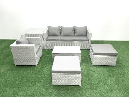 Fimous 6 Pieces Rattan Garden Furniture Set Outdoor Garden Sofa Chair Coffee Table Set with Side Table 2 Big Footstools Light Grey Mixed