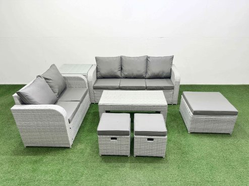 Fimous 8 Seater PE Rattan Wicker Garden Furniture Patio Conservatory Sofa Set with Oblong Coffee Table 3 Seater Sofa Love Sofa 3 Stool Side Table