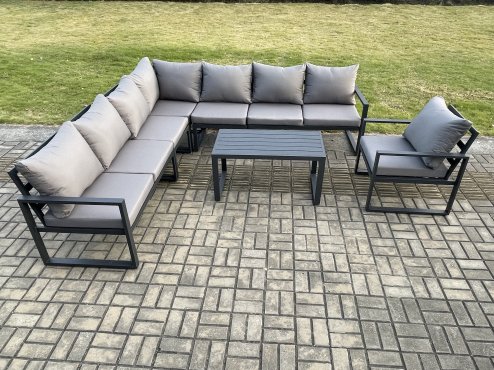 Fimous Aluminium Patio Outdoor Garden Furniture Lounge Corner Sofa Set with Oblong Coffee Table Chair Dark Grey