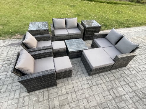 Fimous Outdoor Garden Furniture Sets 10 Pieces Wicker Rattan Furniture Manual Wicker Patio Sofa Patio Conversation Set with 3 Footstools 2 Side Tables Dark Grey Mixed