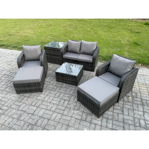 Fimous Rattan Garden Furniture Set Patio Conservatory Indoor Outdoor 6 Seater Set with Love Sofa Square Coffee Table 2 Big Footstool Side Table