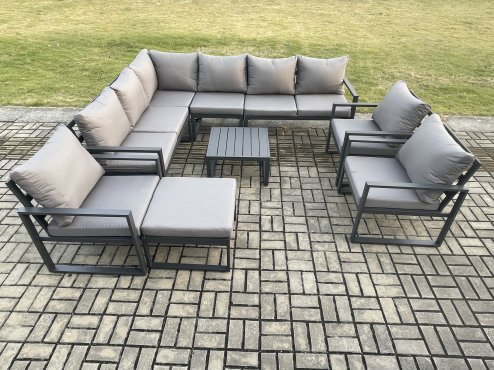Fimous 10 Seater Aluminium Garden Furniture Set Outdoor Lounge Corner Sofa 3 Pcs Chair Square Coffee Table Sets with Big Footstool Dark Grey