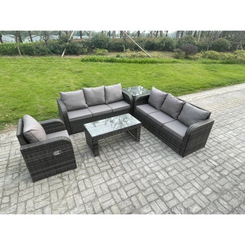 Fimous 7 Seater Wicker PE Rattan Sofa Set Outdoor Patio Garden Furniture Set with Side Table Reclining Chairs Coffee Table Dark Grey Mixed