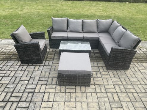 Fimous 8 Seater High Back Outdoor Garden Furniture Set Rattan Corner Sofa Set With Rectangular Coffee Table Big Footstool Armchair Dark Grey Mixed