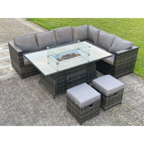 Fimous Outdoor Rattan Garden Corner Furniture Gas Fire Pit Table Sets Gas Heater Lounge Small Footstools Dark Grey Mixed 8 Seater