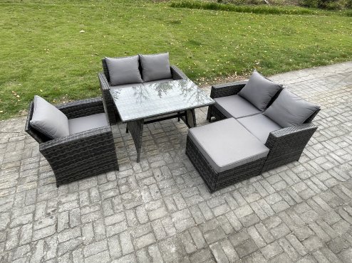 Fimous 6 Seater Wicker PE Rattan Garden Dining Set Outdoor Furniture Sofa with Rectangular Dining Table Double Seat Sofa Big Footstool Dark Grey Mixed