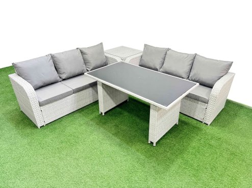 Fimous 6 Seater Rattan Outdoor Dining Table 3 Seater Sofa Set with Side Table Light Grey