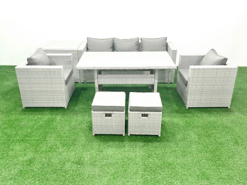 Fimous Garden Dining Set Outdoor Rattan Furniture Set with Sofa Dining Table 2 Chairs 2 Small Footstools Side Table Light Grey Mixed